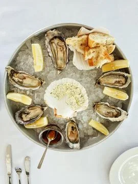 Appetizing fresh oysters with lemon on the deep dish on ice Cheese with spices Stock Photos