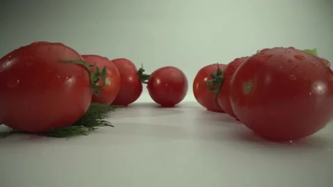 Appetizing fresh summer vegetables. Cherry tomatoes Close-up. Laowa 24 mm MACRO Stock Footage 130561422
