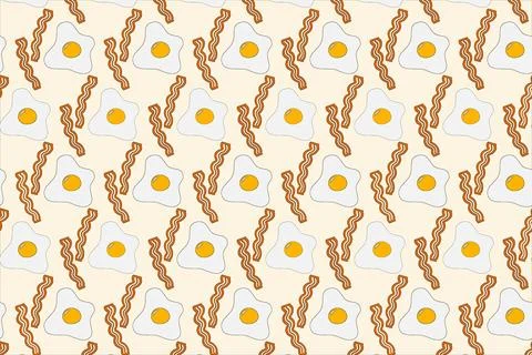 Appetizing fried eggs and bacon strips in trendy hues. Seamless pattern for 스톡 일러스트