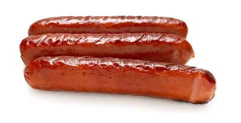 Appetizing fried sausages close-up on a white isolated Stock Photos