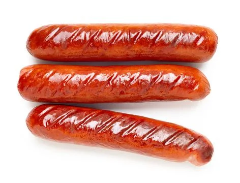 Appetizing fried sausages close-up on a white isolated Foto stock
