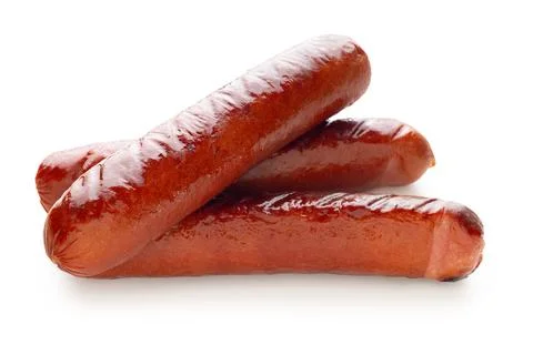 Appetizing fried sausages close-up on a white isolated Foto stock
