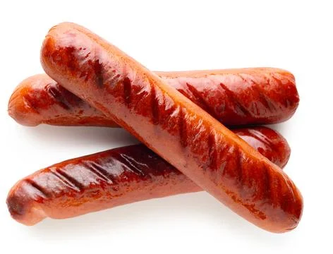 Appetizing fried sausages close-up on a white isolated Foto stock