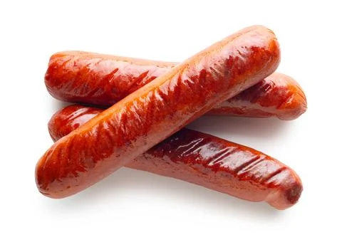 Appetizing fried sausages close-up on a white isolated Foto stock