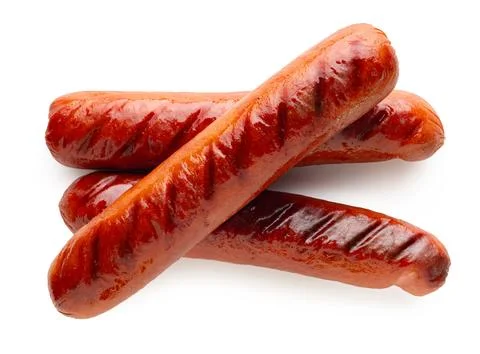 Appetizing fried sausages close-up on a white isolated Foto stock