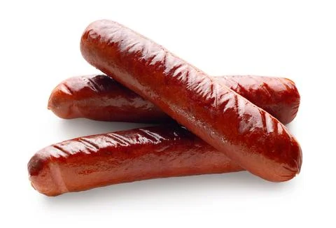 Appetizing fried sausages close-up on a white isolated Foto stock