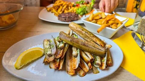 Appetizing fried shells sword razor with garlic, parsley and a piece of lemon Stock Photos