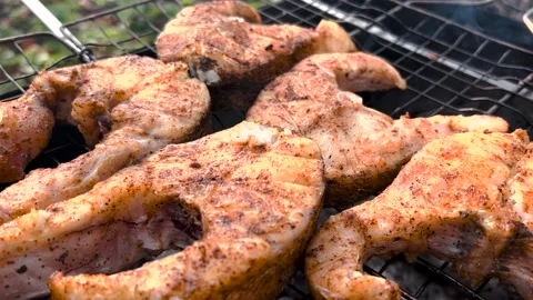 Appetizing grilled fish steaks, close-up. Grilled fish steaks close-up. Grilled Stock Footage 263149653