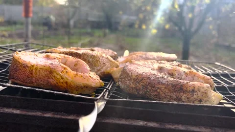 Appetizing grilled fish steaks, close-up. Grilled fish steaks close-up. Grilled Stock Footage 264062337