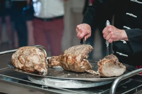 Appetizing grilled meat on fire close-up. beautiful presentation of the dishes Stock Photos