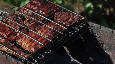 Appetizing grilled meat on live fire Stock Footage 149240554