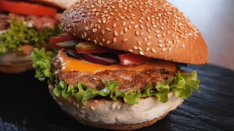 Appetizing hamburger variety - beef, pulled pork and chicken sandwich in a row Video stock 105721585