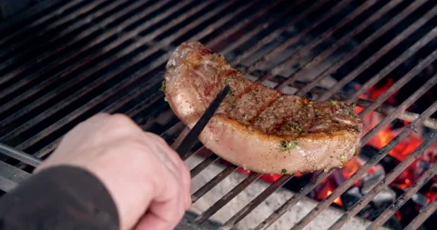 Appetizing juicy marbled beef steak in spices and herbs fried on a wire rack Stock Footage 149185409