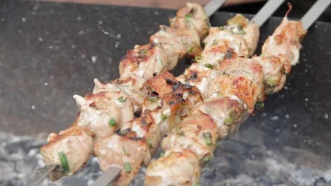 Appetizing kebab, BBQ is fried on charcoal Video stock 77457847