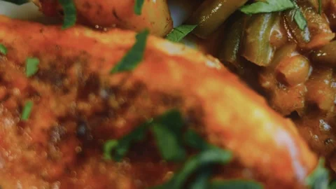 Appetizing kitchen technique: overhead beauty shot of chicken and potatoes Stock Footage 342180943