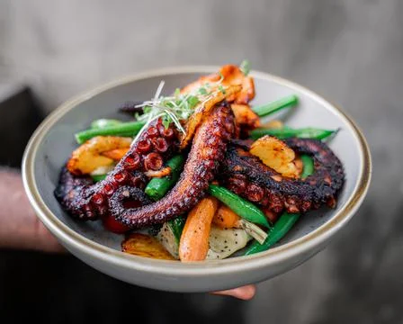 Appetizing marinated octopus tentacles. Stock Photos