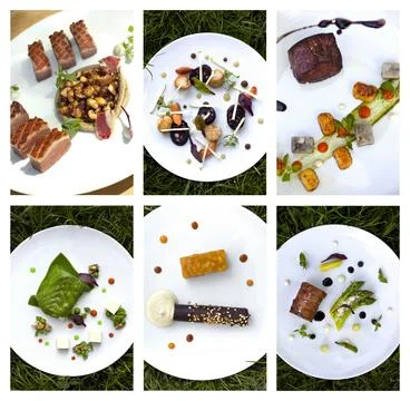 Appetizing meals on white plates Stock Photos