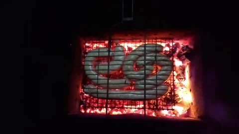 Appetizing meat sausages are cooked on grill over smoldering coals in mangal. Stock Footage 255805725