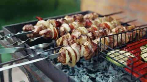 Appetizing meat skewers steaming over open air grill Stock Footage 343385613