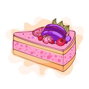Appetizing mousse cake with cherries, strawberries, macaroons. Modern vector Stock Illustration