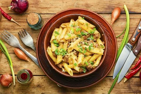 Appetizing pasta with minced meat Stock Photos