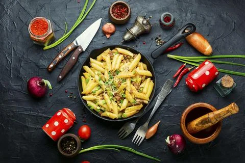 Appetizing pasta with minced meat Stock Photos