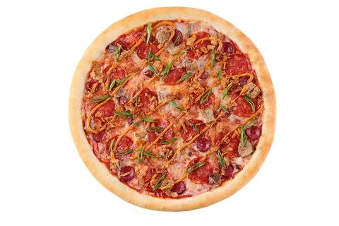 Appetizing Pepperoni Pizza, on a white background, isolate, for a food delivery Stock Photos