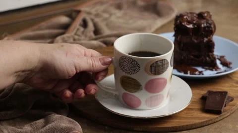 Appetizing piece of chocolate cake, brown cake for breakfast, lunch or dinner Stock Footage 222592837