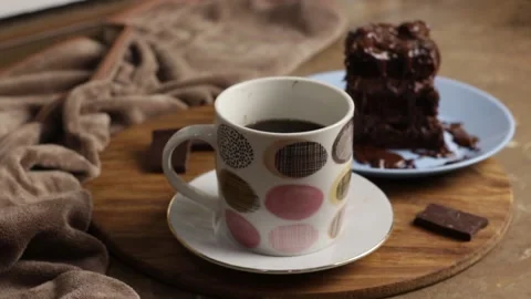 Appetizing piece of chocolate cake, brown cake for breakfast, lunch or dinner Stock Footage 222592892