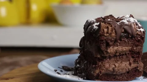Appetizing piece of chocolate cake, brown cake for breakfast, lunch or dinner 스톡 동영상 222592987