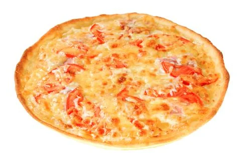 Appetizing pizza with cheese, tomatoes and bacon. Stock Photos
