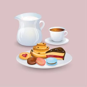 Appetizing plate with pastries and sweets, a jug of milk, a cup of coffee Stock Illustration