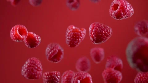 Appetizing raspberries bouncing with splashes of water on the red background Stock Footage 258765230