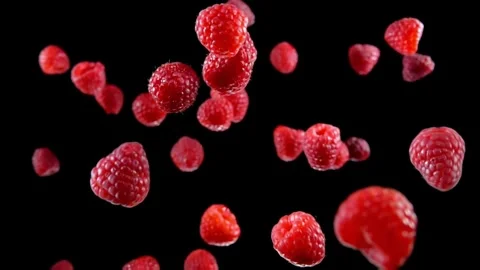 Appetizing raspberries bouncing with splashes of water on the black background Stock Footage 259383969
