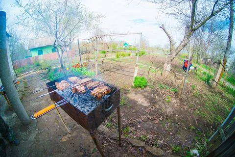 Appetizing raw meat kebab is cooked on the grill on the wood, in the open air Stock Photos