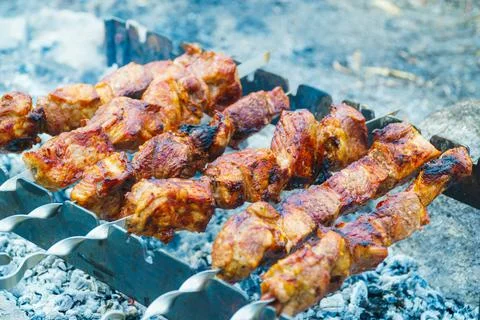 Appetizing raw meat kebab is cooked on the grill on the wood, in the open air 스톡 사진