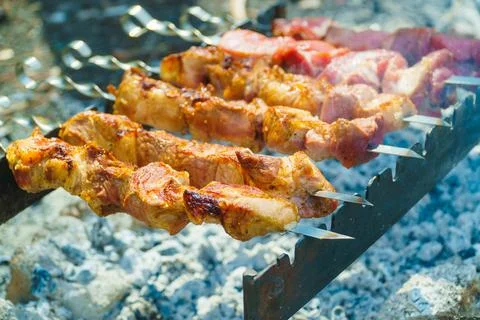 Appetizing raw meat kebab is cooked on the grill on the wood, in the open air Stock Photos