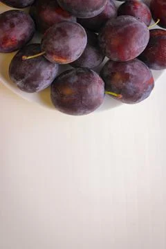 Appetizing ripe plums on a white background with copy space Stock Photos