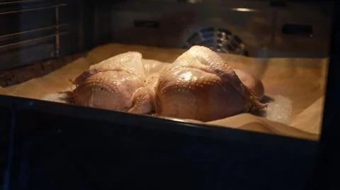 Appetizing roasted chicken in the oven Stock Photos