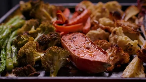 Appetizing Roasted Vegetables Sunday Roast Close Up Stock Footage 325898209