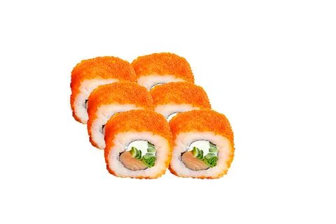 Appetizing rolls isolated on a white background. Close-up. Japanese food conc Stock Photos