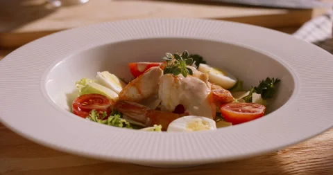 Appetizing Salad Featuring Shrimp, Colorful Vegetables, and Fresh Eggs, Ideal Stock Footage 293756066