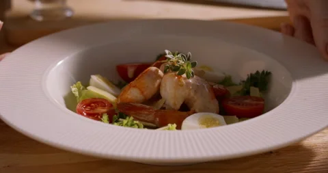 Appetizing Salad Featuring Shrimp, Colorful Vegetables, and Fresh Eggs, Ideal Stock Footage 293756407