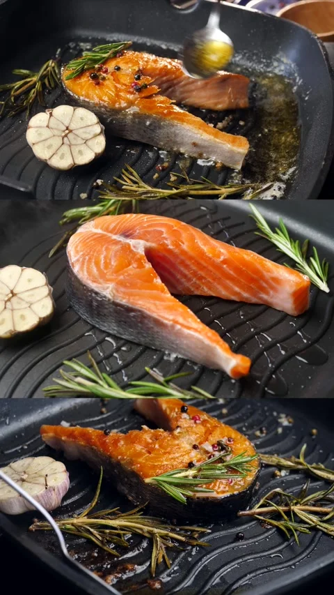 Appetizing salmon steak is fried in a frying pan. fish is fried deliciously. Stock Footage 304147767