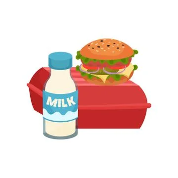 Appetizing sandwich on closed red container and bottle of fresh milk. Food and Stock Illustration