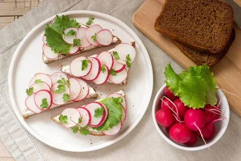 Appetizing sandwiches of rye bread with curd cheese, radishes and lettuce. Ru Stock Photos