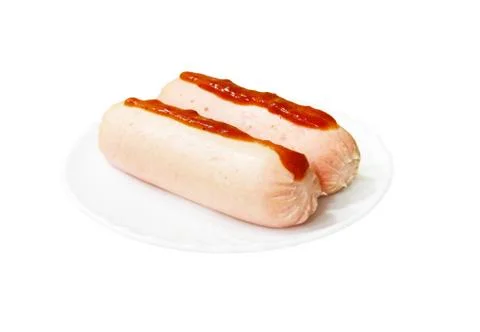 Appetizing sausage on ceramic plate.Isolated. Stock Photos