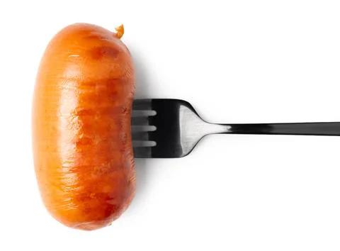 Appetizing sausage on a fork, isolated 스톡 사진