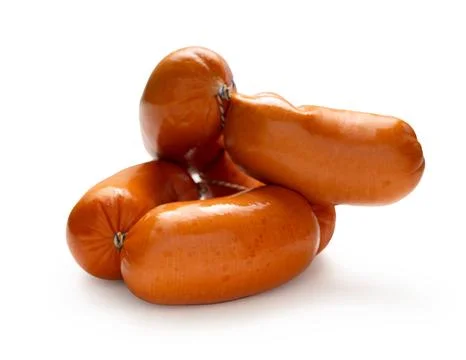 Appetizing sausages close-up on a white isolated Stock Photos