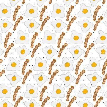 Appetizing Scrambled eggs and bacon with spices. Seamless pattern for the day of 스톡 일러스트